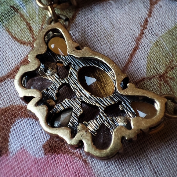 J. Crew Statement Necklace Topaz Honey Clear Stones Oxidized Brass 10 Medallions - Picture 11 of 14